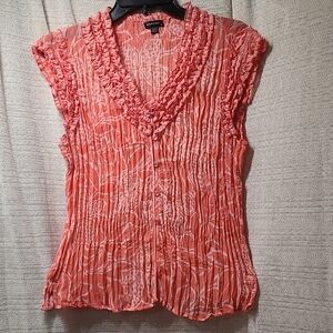 Peach Ruched Sheer Ruffled Blouse, Cap Sleeve, Button Down Dressy Top